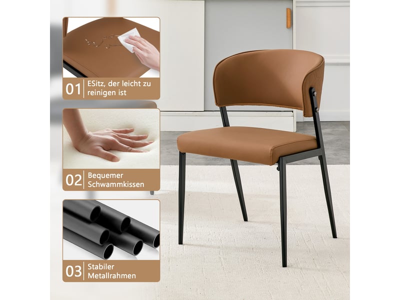  Chaises de salle à manger lot de 2 avec dossier ergonomique  - pieds en métal, simili cuir marron  - Conforama E