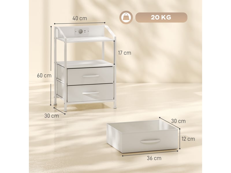  Lot de 2 tables de chevet led pour chambre avec chargeur, 40 x 30 x 60 cm, blanches  - Conforama E