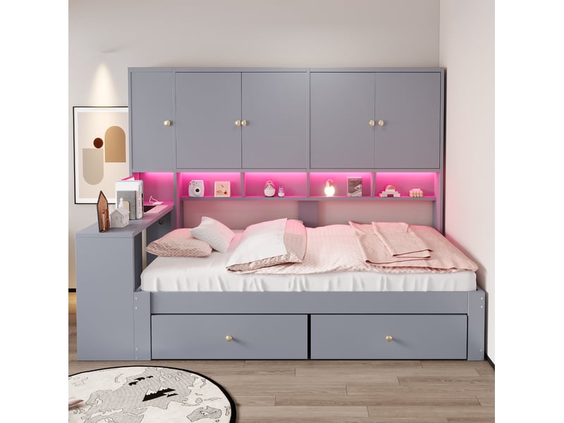 Lit enfant 90x200 cm lit simple avec bureau intégré et compartiments, tiroirs, éclairage led et prises, gris, sans matelas - Conforama B