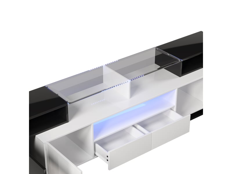  Meuble tv 200 x 35 x 60 cm, led, 4 portes, 2 tiroirs et 3 niches, design graphique, noir et blanc brillant, en mdf, rangement pour salon CARDUME ESTIVAL - Conforama E