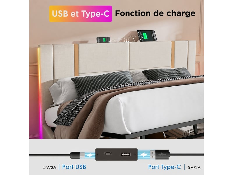 Lit coffre beige 140 x 200 cm, tête de lit usb-c, led rgb et sommier à lattes - Conforama D