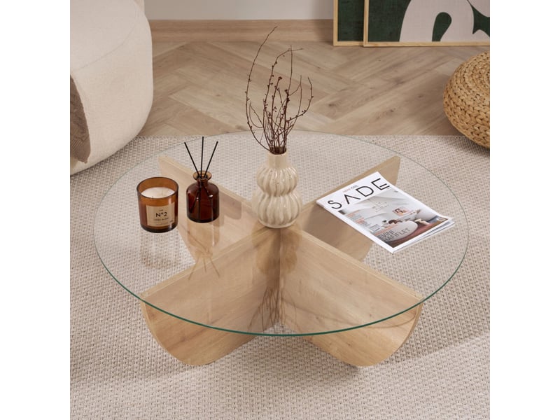  Table basse de salon en verre trempé et bois mdf mélaminé chêne saphir 90 x 90 x 30 cm  - Conforama E