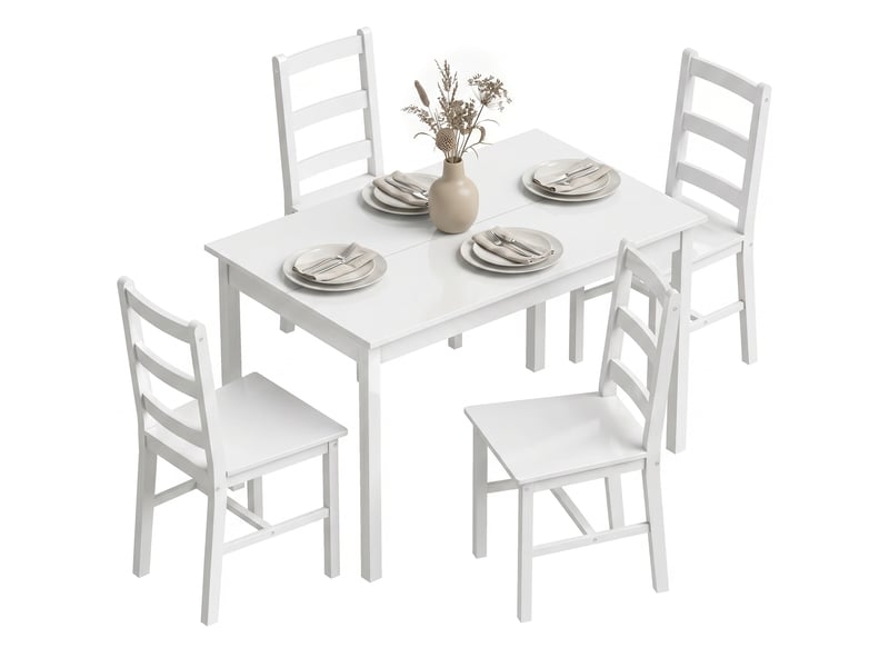  Ensemble de salle à manger 5 pièces pour 4 personnes, table rectangulaire et chaises en bois massif, idéal pour les petits espaces, blanc.  - Conforama A