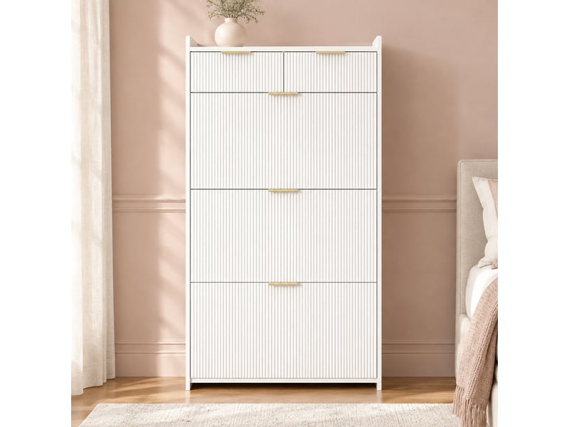 Meuble à chaussures b80t25h135 cm en panneaux de particules avec 3 compartiments rabattables et 2 tiroirs blanc chicfurn - Conforama C