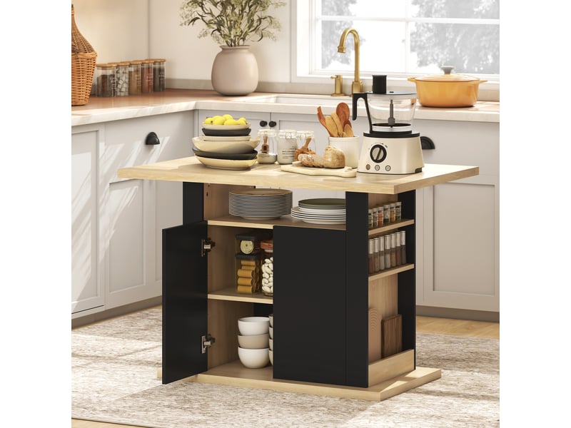  Table à manger ilot central cuisine avec grand plan de travail 4 personnes placard 4 portes noir 110 x 70 x 75,5 cm  - Conforama A