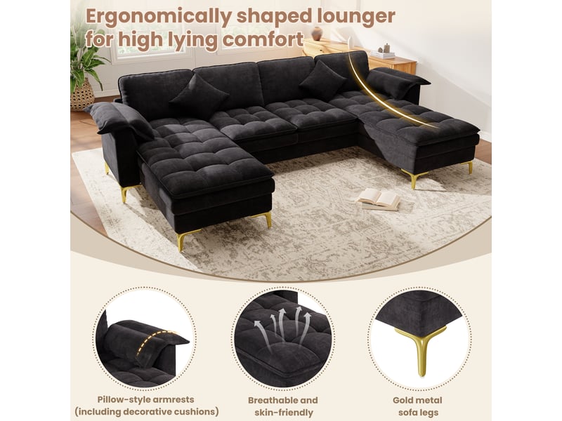  Canapé d’angle en u 4 places noir, chenille, 2 méridiennes, double rembourrage, 2 coussins, pieds métal dorés  - Conforama C
