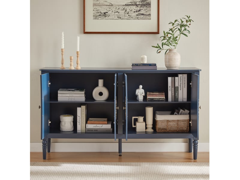 Buffet et enfilade avec portes sculptées, poignées métal et bords arrondis, pour salon, bleu marine, 160 × 40 × 89 cm - Conforama C
