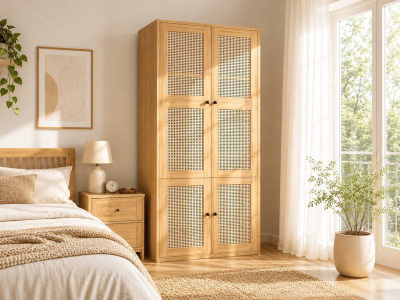  Armoire 6 portes battantes effet cannage, 3 tiroirs, 4 compartiments et penderie, 90 × 47 × 200 cm, effet chêne naturel  - Conforama B