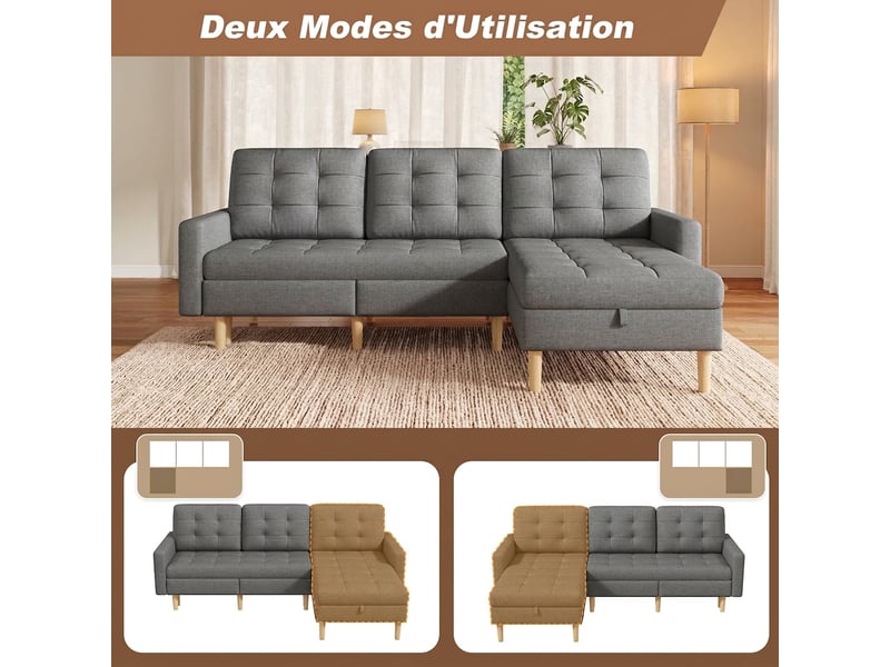  Canapé d'angle avec rangement convertible 212 x 130 x 86 cm - méridienne réversible 3 places  - Conforama W