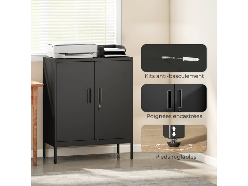  Armoire de bureau métallique, 80 x 40 x 100 cm, meuble de rangement, serrure, noir, 2 portes et 2 étagères réglables  - Conforama W