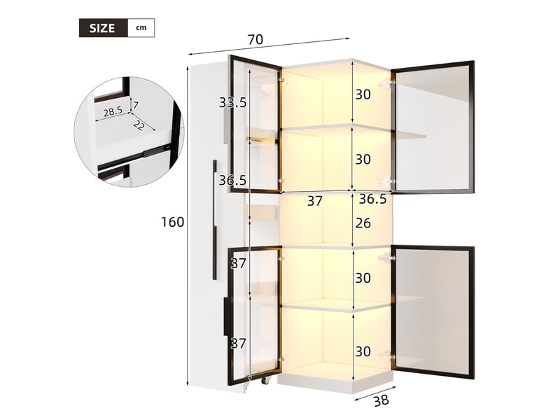  Vitrine avec porte vitrée et étagères latérales coulissantes, led réglables, mdf blanc pour salon 70 × 38 × 160 cm  - Conforama C