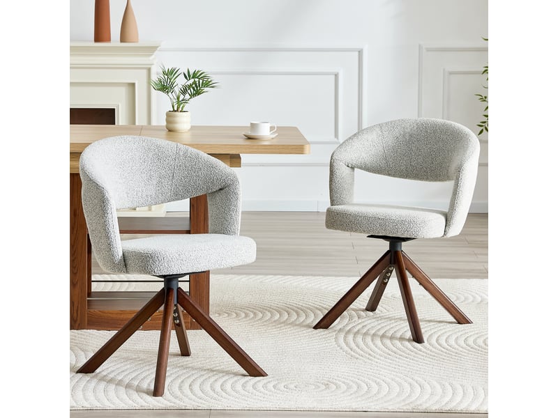  Chaise de salle à manger pivotante lot de 2 avec dossier incurvé et assise rembourrée en tissu gris clair et bois noyer  - Conforama B
