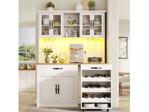 Buffet de cuisine haut led avec 4 portes vitrées, tiroir, range-verres et chariot amovible, 140 × 38 × 180 cm