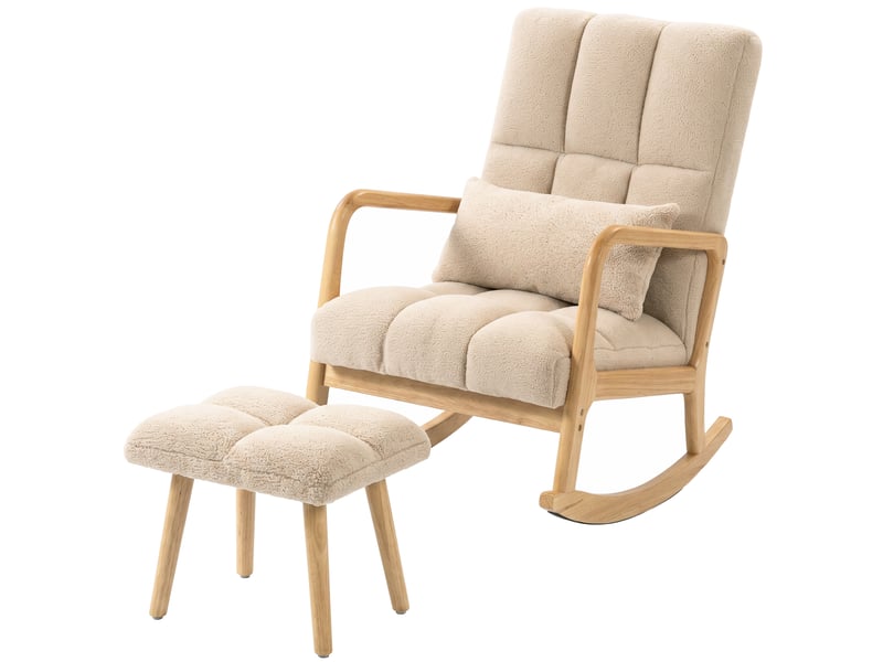  Fauteuil à bascule tissu laine bouclée matelasée avec repose-pieds style nordique beige  - Conforama E