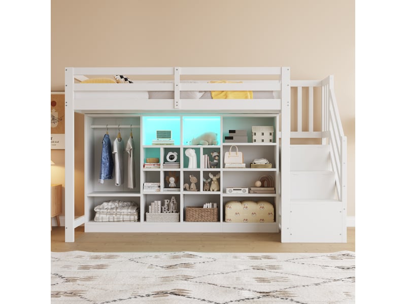  Lit mezzanine 90x200 blanc avec armoire intégrée, escalier avec rangement et éclairage led, cadre en bois robuste pour enfant.  - Conforama B