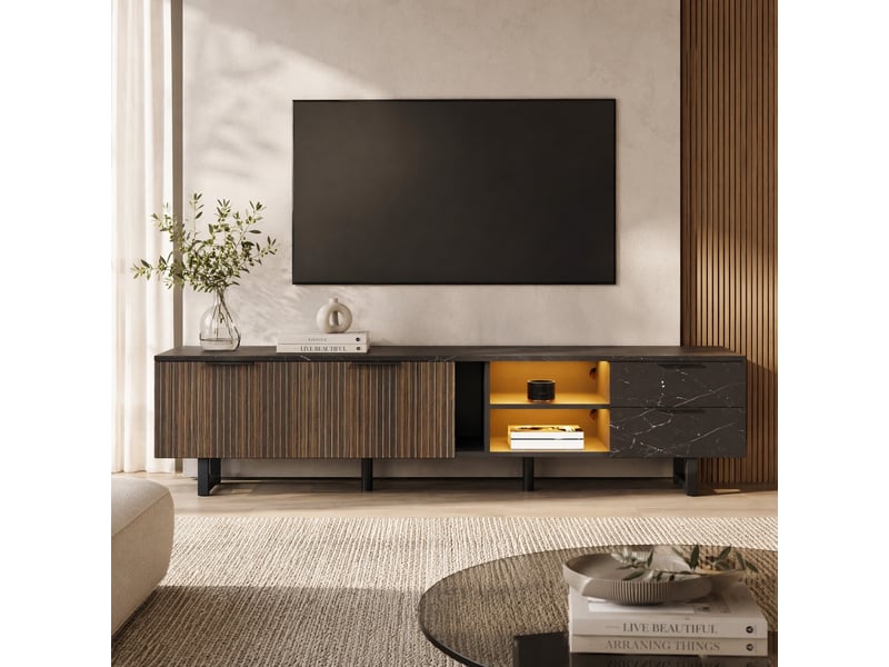  Meuble tv avec 2 portes, 2 tiroirs et 2 niches led pour salon 200×38×50 cm en mdf noir et bois  - Conforama B