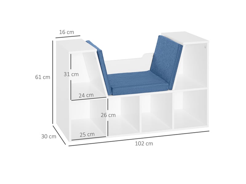  Étagère avec siège intégré, bibliothèque à 6 compartiments, coussin pour salon ou chambre, 102 x 30 x 61 cm, blanc et bleu  - Conforama E