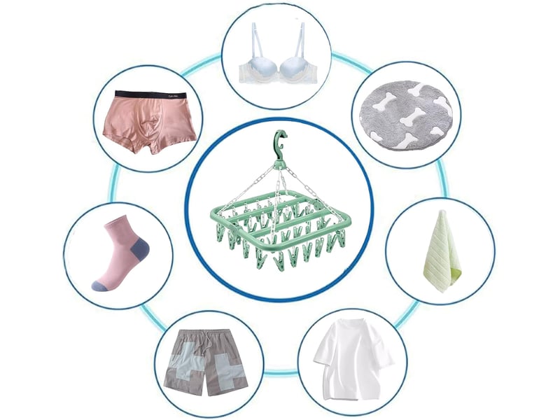  Crochets muraux séchoir à linge avec 32 clips et support pliable (vert clair  - Conforama C