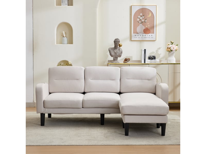 Canapé d’angle 3 places avec méridienne, canapé modulable beige en tissu pour salon, rangement latéral, 204 x 136 x 80 cm - Conforama W