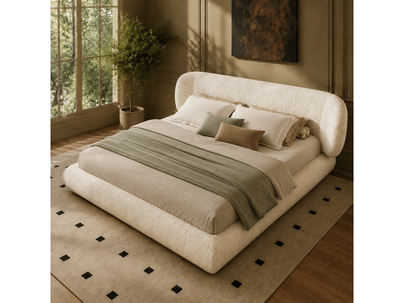  Lit adulte 140 x 200 cm, cadre de lit double, sommier à lattes inclus, tête de lit, 2 places, structure fonctionnelle, tissu, beige Morn Vibe - Conforama B