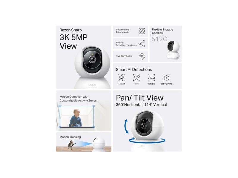  Caméra wi-fi dôme bulb 3k 5mp intérieur rotation 360 inclinaison 0-69 audio bidirectionnel vision nocturne ir 12 m sirène 99 db TAPO C230 - Conforama B