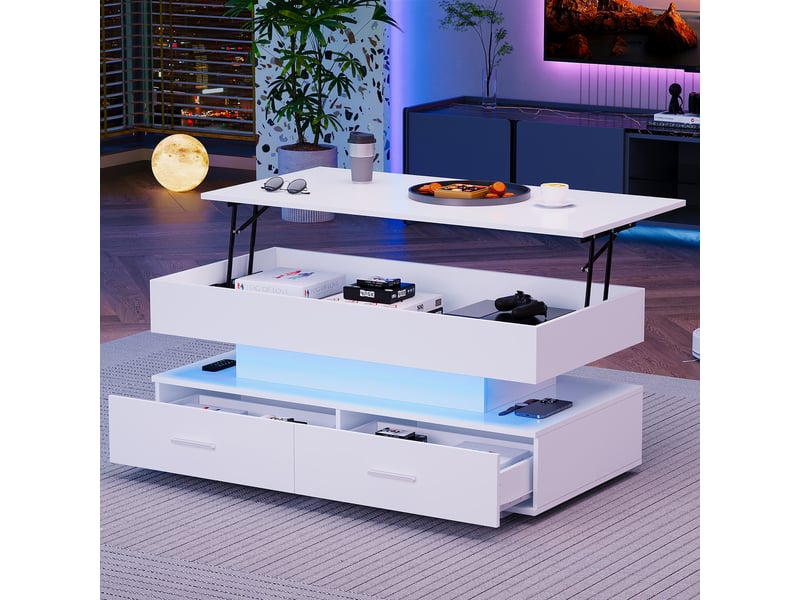  Table basse réglable en hauteur hydrauliquement (100 x 50 x 44 cm) avec éclairage led, commande par application bluetooth, 2 tiroirs et espace de rangement ouvert, blanche.  - Conforama B