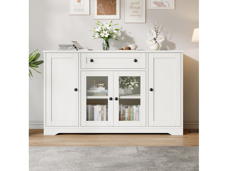  Buffet 138x40x83 cm, 4 portes, 1 tiroir, portes vitrées, mdf et panneau de particules, blanc, design moderne, rangement  - Conforama D