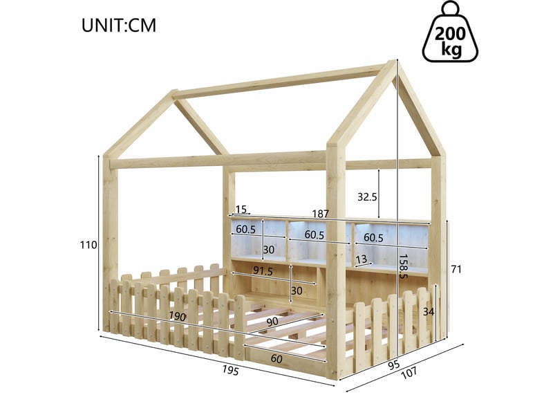 Lit cabane enfant 90x190 cm avec barrières, rangements ouverts, éclairage led et sommier à lattes, bois en pin, sans matelas - Conforama C