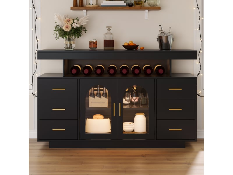  Buffet bar à vin 140 x 40 x 82 cm – noir – led rgb, 6 tiroirs, 2 portes vitrées et étagère ouverte  - Conforama B