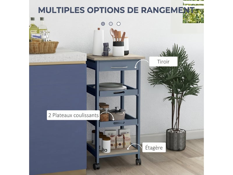  Chariot de service desserte de cuisine à roulettes 2 plateaux amovibles, étagère chêne clair gris, tiroir  - Conforama A