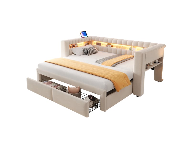  Canapé-lit gigogne modenvie 90 x 190 cm extensible 180 x 190 cm avec tiroirs, rangements, led, usb et type-c, velours beige  - Conforama A