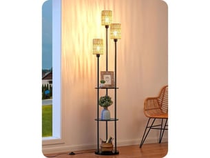 Lampadaire sur pied 178 cm boheme noir base et 3 abat-jours en rotin beige etagere 1 tablette interrupteur au pied 3x ampoules led e27 3000k