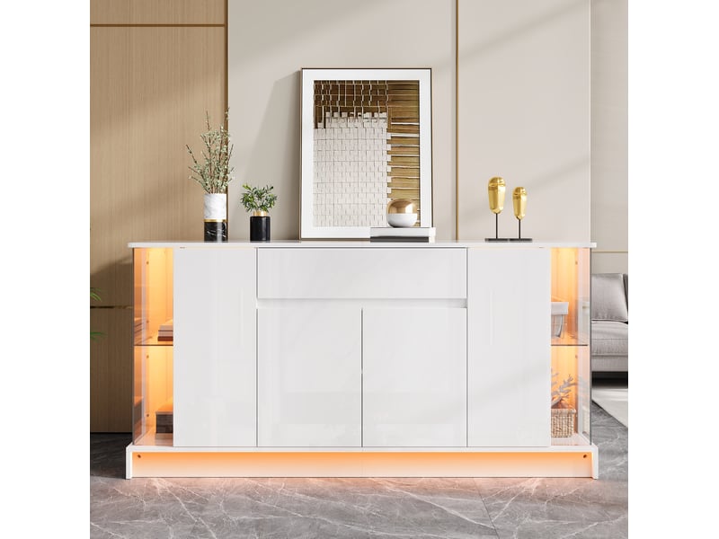  Buffet bas 150x40x75 cm avec vitrines en verre, éclairage led, panneau de particules, coloris blanc haute brillance  - Conforama B
