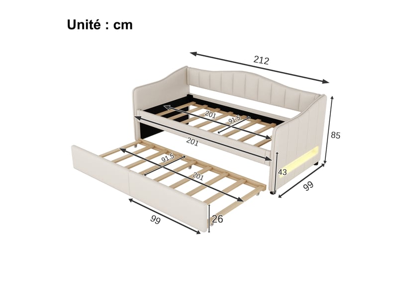 Lit gigogne 90x200 cm - lit simple avec lit tiroir et sommier - lin + mdf - sans matelas - beige - Conforama C