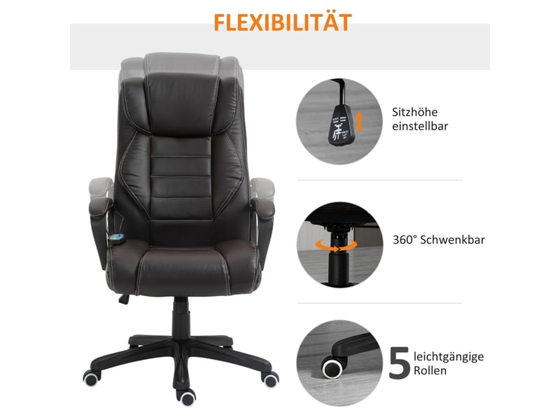  Fauteuil de bureau massant marron, dossier haut, chaise ergonomique pivotante à 360 degrés avec bascule pour bureau à domicile  - Conforama B