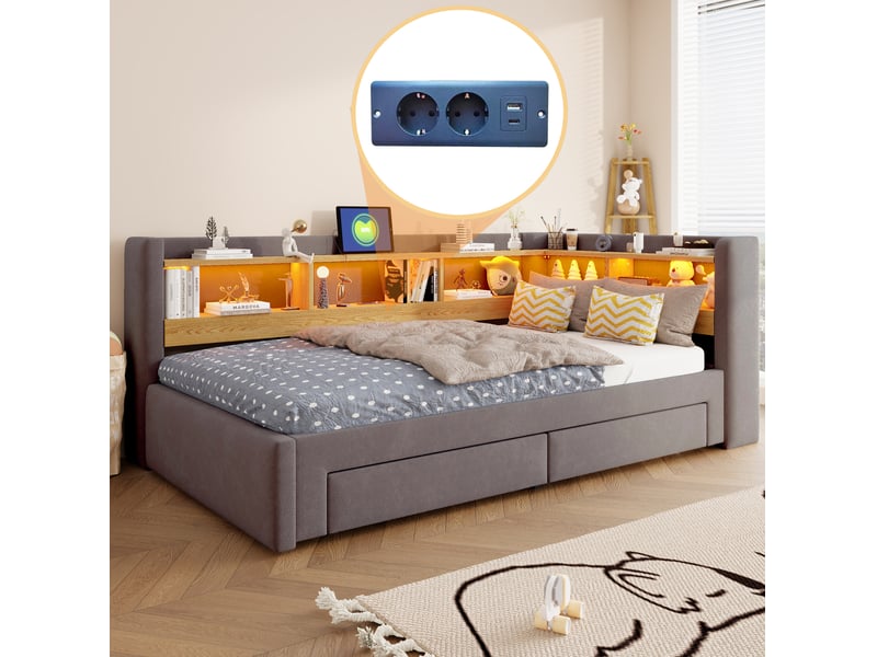 Lit banquette 90x200 cm extensible 180x200 cm gris avec led, prise et rangements - Conforama D
