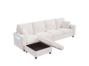 Canapé d'angle panoramique convertible <strong>SAPGAKS</strong> <strong></strong> 4 places Polyester beige avec coffre de rangement