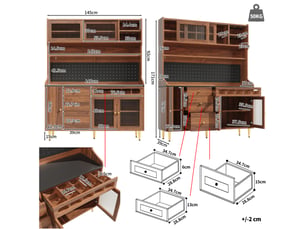 Buffet haut coloris noyer, 145x39x171 cm, mdf et verre, led, rangement à bouteilles coulissant et étagères réglables