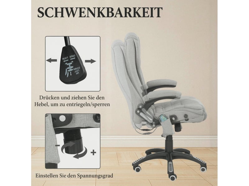  Fauteuil de bureau massant chauffant 68 x 72 cm – gris clair – inclinaison 120° et hauteur réglable  - Conforama E