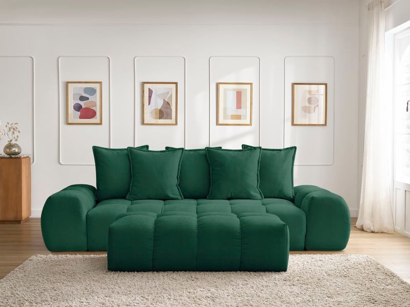  Bobochic canapé droit fixe 3 places everest tissu texturé avec pouf vert EVEREST - Conforama D