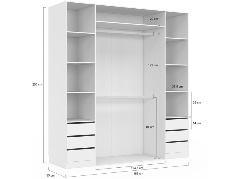 Dressing double tayla 185 x 55 x 200 cm avec étagères + double penderie + tiroirs blanc  - Conforama E