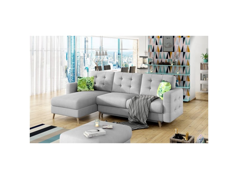 Canapé d'angle convertible hasgard 3 places gris 248x162 cm – coffre et pieds bois  - Conforama B