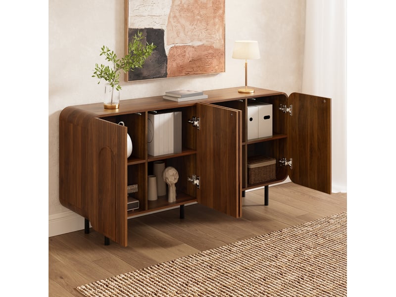 Buffet 160x40x79 cm, avec 4 portes, meuble de cuisine, rangements réglables, pieds métal, salon, mdf noyer, élégant - Conforama B