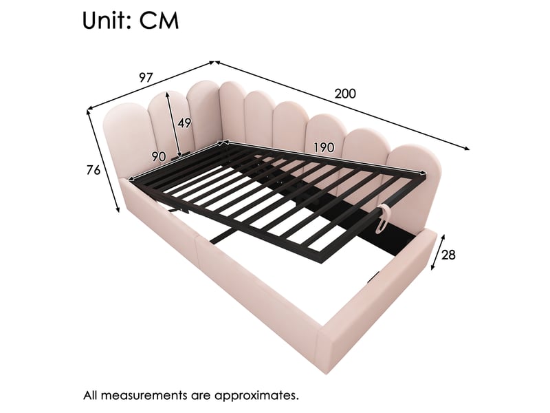 Lit banquette enfant coffre hydraulique 90x190 cm en velours rose - Conforama E