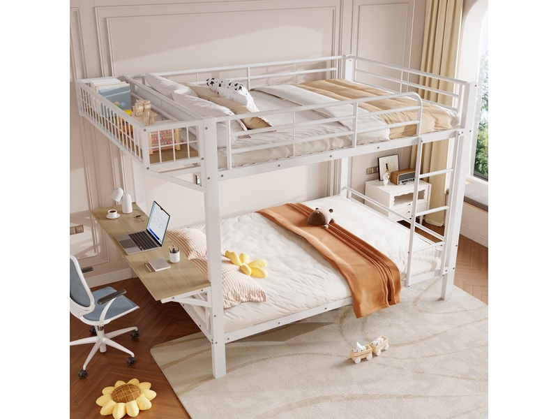 Lit superposé 140x200 cm en métal avec bureau et étagère réversibles, échelle et barrières de sécurité - blanc (sans matelas)  - Conforama B
