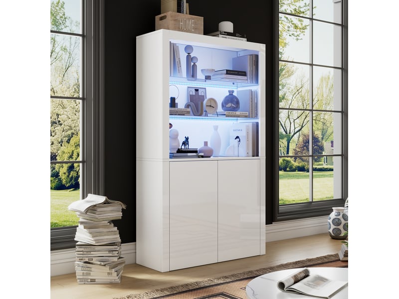  Vitrine avec led réglable, 2 portes et étagères en verre trempé, rangement pour salon, mdf blanc 100 × 35 × 170 cm  - Conforama D