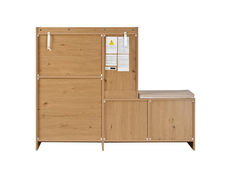 Meuble à chaussures avec banc rembourré, 3 portes rotin, 1 tiroir, rangement entrée, bois, 142x35x110 cm  - Conforama D
