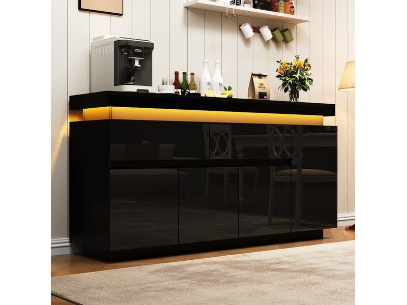  Sideboard 140x35x72.5 cm à 2 tiroirs et 4 portes avec led en panneau de particules noir  - Conforama B