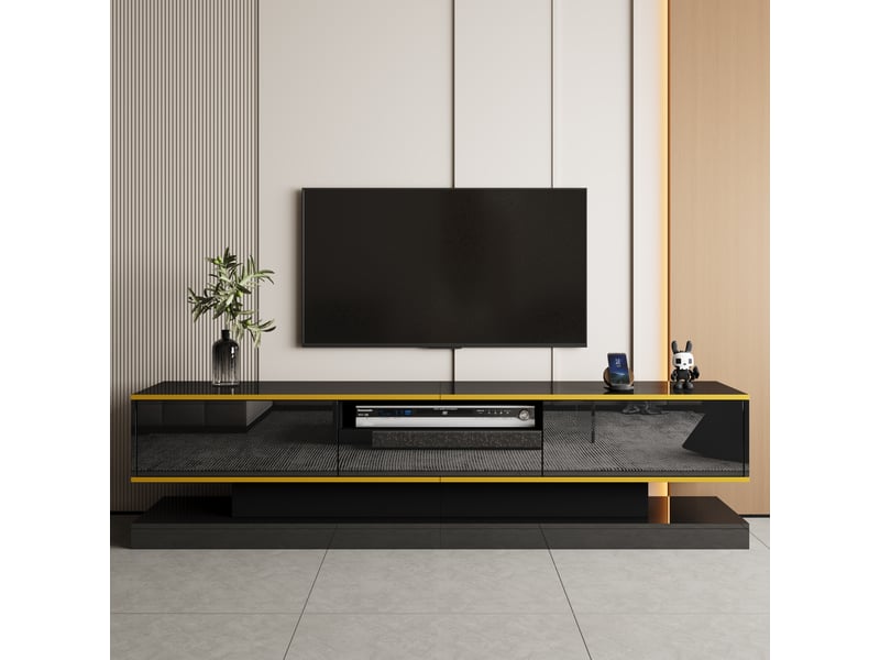  Meuble tv 180x38x45 cm laqué brillant led rgb, 3 tiroirs, niche, design moderne  - Conforama B