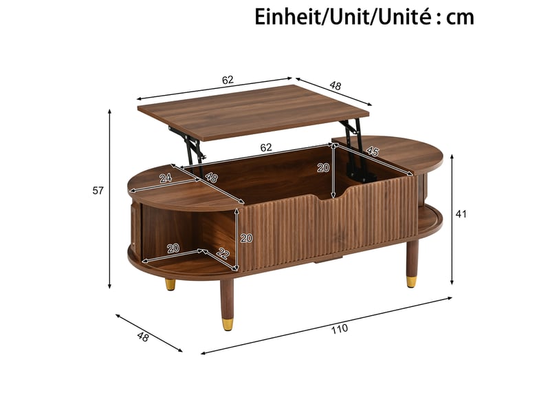 Table basse ovale 110x48x57 cm à plateau relevable hydraulique en mdf noyer  - Conforama E